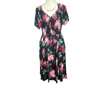 Torrid Midi Skater Dress 1X Dark Floral Smocked Top Short Sleeve Boho Whimsigoth